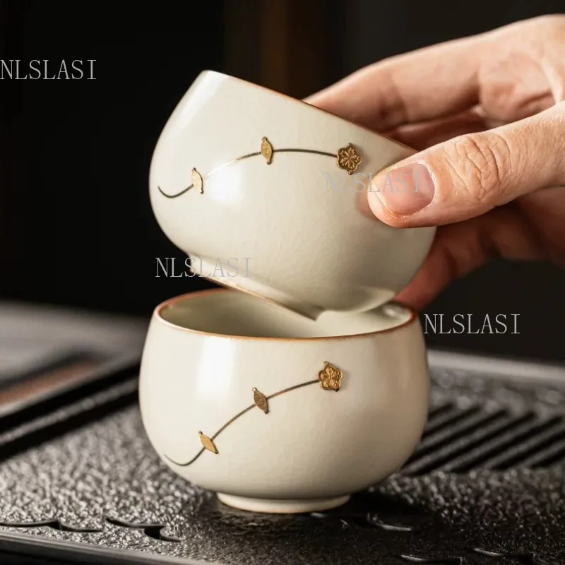 2pcs Vintage Chinese Ru Kiln Crackle Glaze Master Cup, Plum Blossom Metal Inlay Jugu Craft Ceramic Teacup Gongfu Tea Ceremony