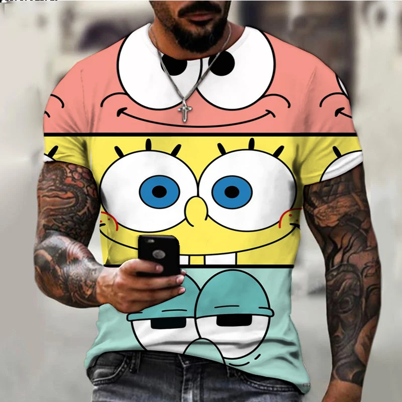 Summer New Cute SpongeBob Cartoon Print Youth Harajuku Casual T-Shirt 2024 Street Trend Versatile Men\'s Round Neck T-Shirt