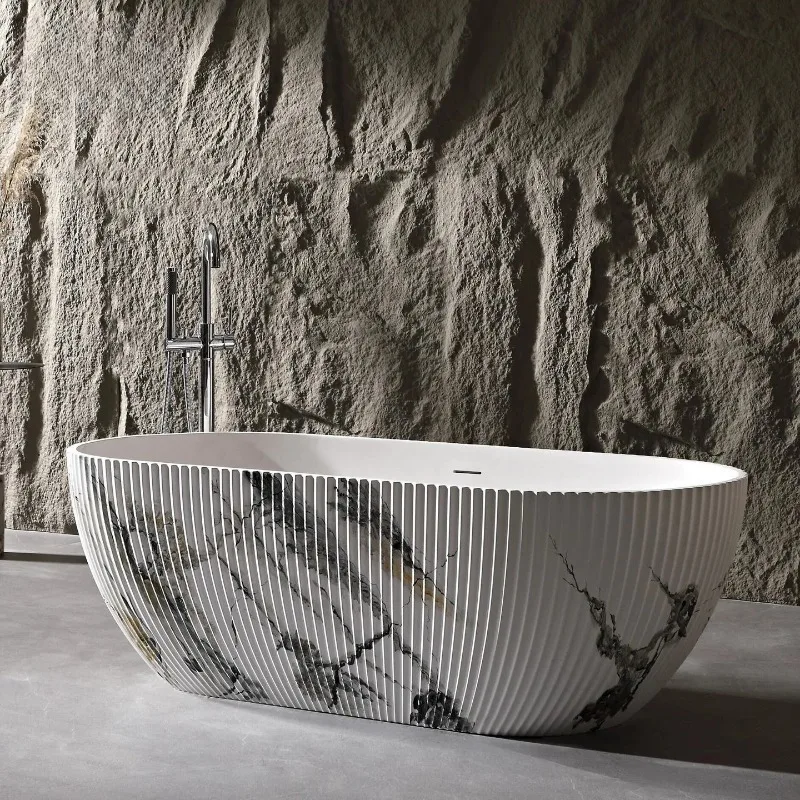 

Freestanding Striped Artificial Stone Bathtub One Piece Molding Heat Preservation Ergonomic Designer For Bathroom Hotel Villa