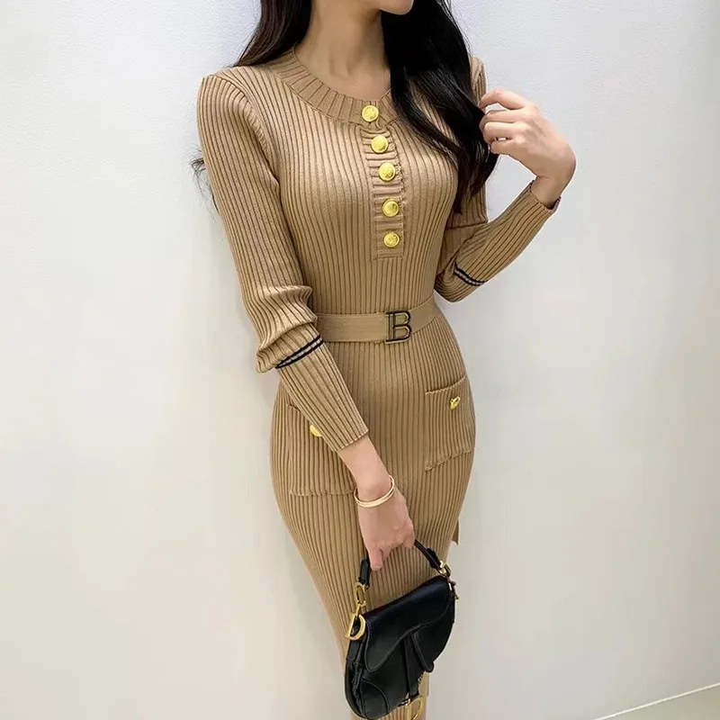 YuooMuoo kobiety ubierają koreańską modę O-neck wąska talia dzianinowa sukienka ołówkowa z paskiem Office Lady Bodycon Vestidos 2024 zima