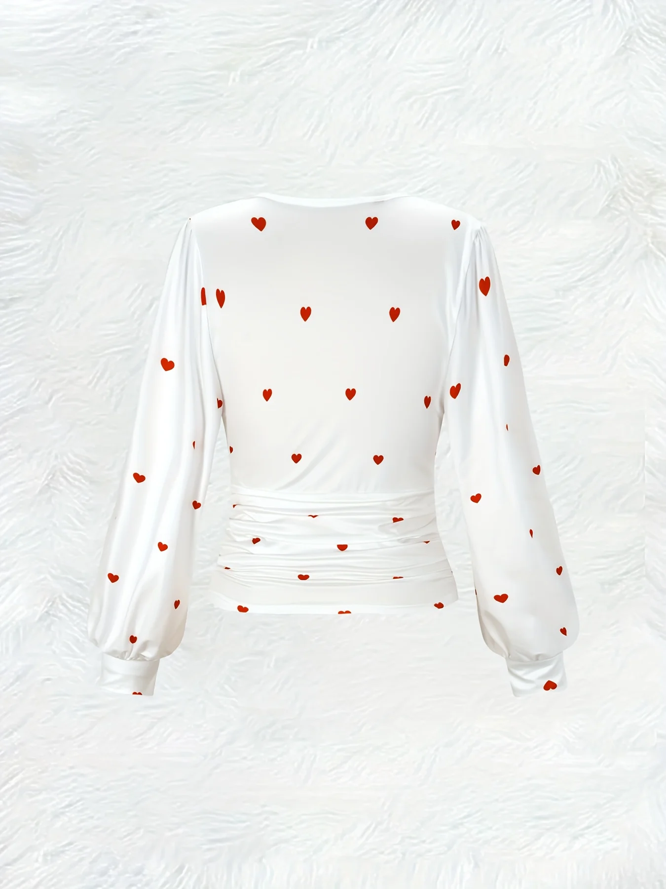 Women V Neck Puff Sleeve Blouse Red Heart Print Ruched Waist Romantic Date Casual Top