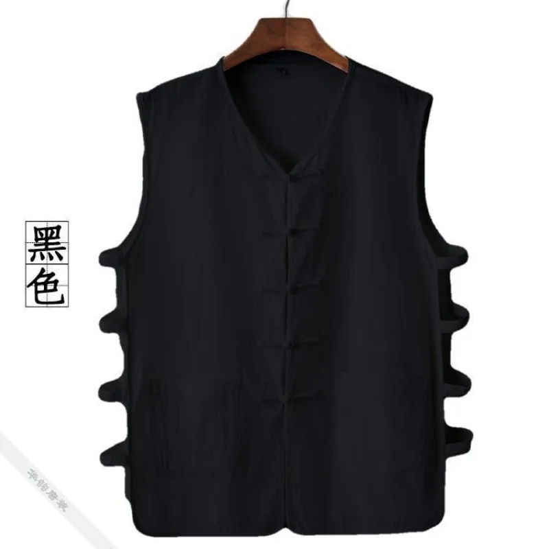 Summer Casual Cotton Linen Sleeveless Tang Suit Vest Chinese Traditional Clothing for Men Vintage Shirt T-shirt Jacket