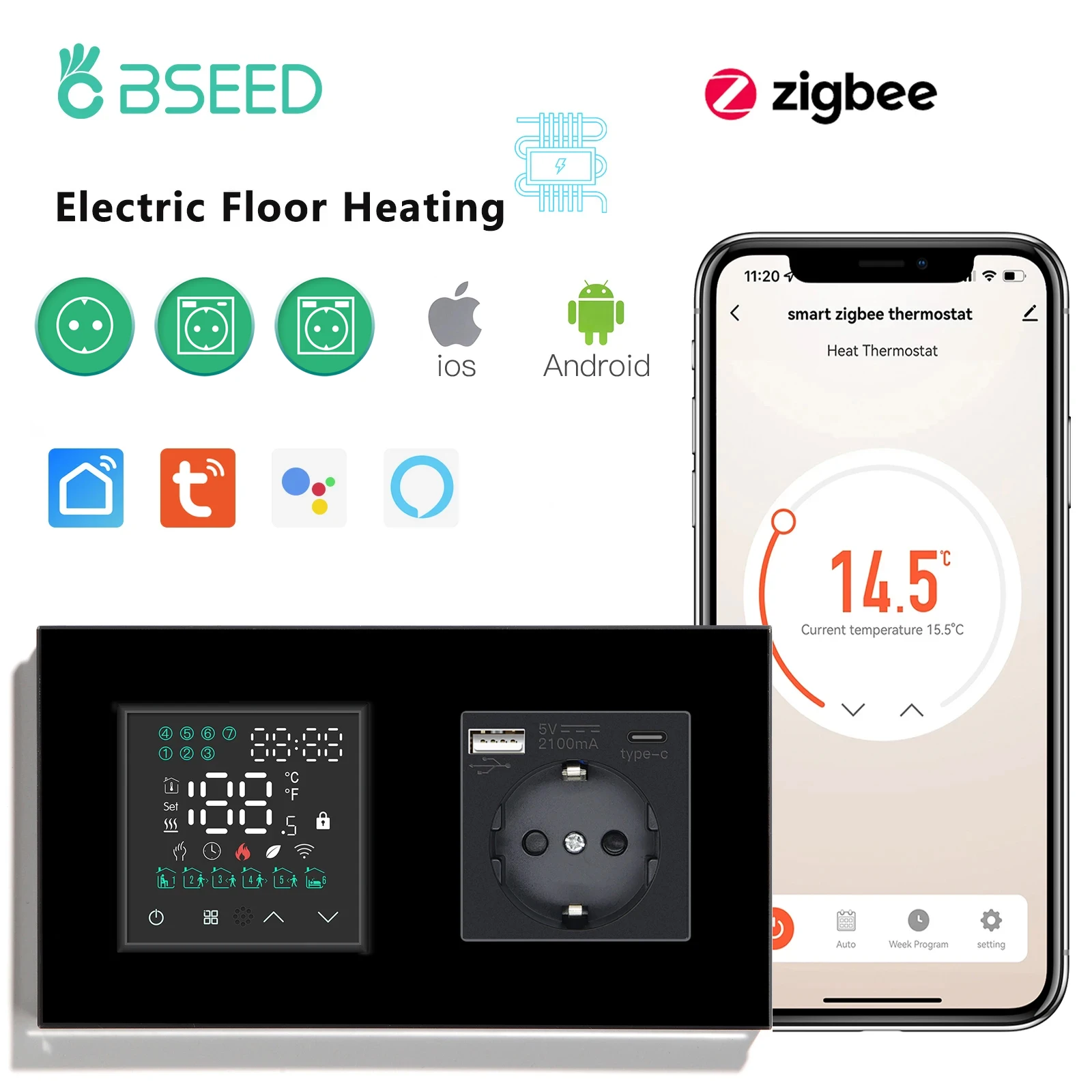 

BSEED Zigbee Thermostat LED Touch Screen Switches Electric Floor Heating Room Alexa Temperature Controller Tuya App USB Socket