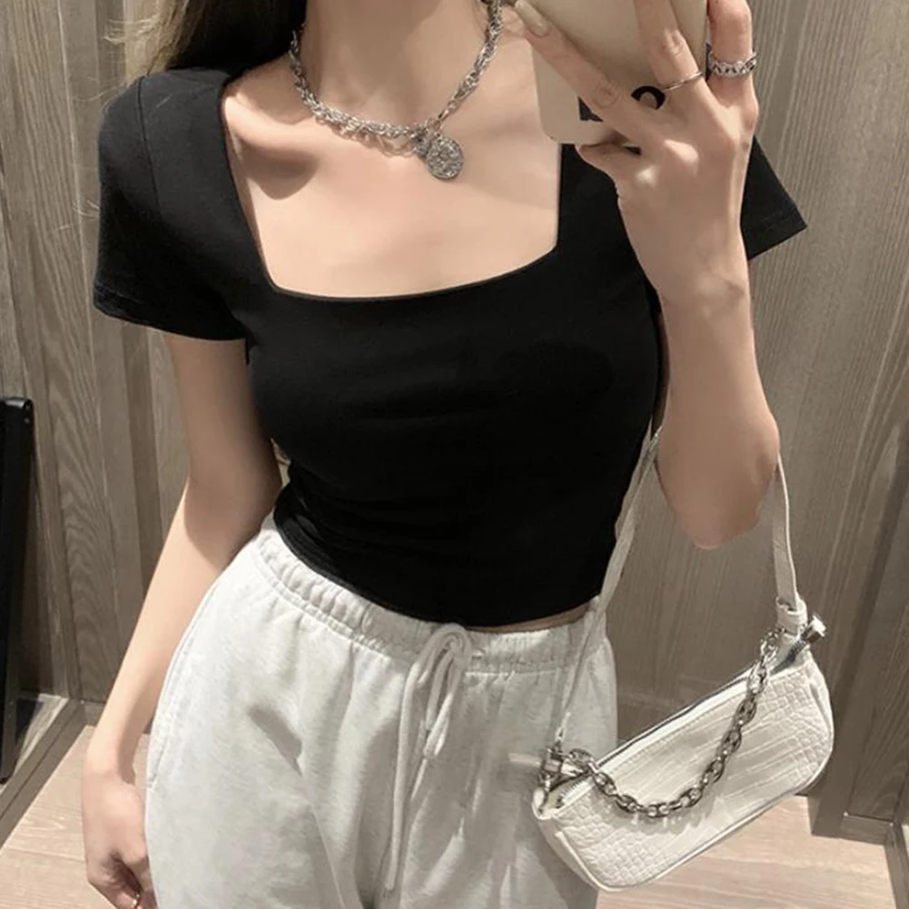 

Женская укороченная блузка с квадратным вырезом, с коротким рукавом, открытым поясом, повседневный дизайн из полиэстера для весны и лета.