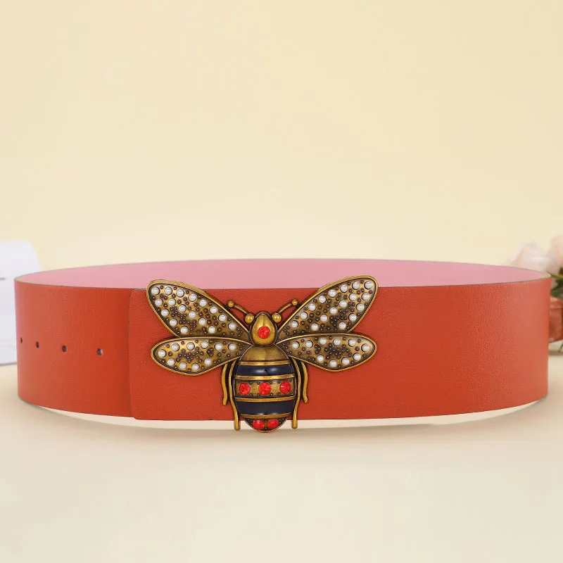 7cm Wide Leather Belt For Women Bee Pearl Buckle Jeans Black Red Pink Belt Luxury Brand Ladies designer Strap Female Waistband