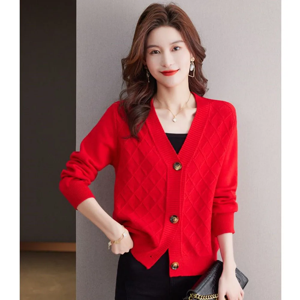 

Women Short Knit Cardigan New Spring Autumn V-Neck Long Sleeve Sweater Coat 2023 Korean Loose All-match Single Breasted Cardigan