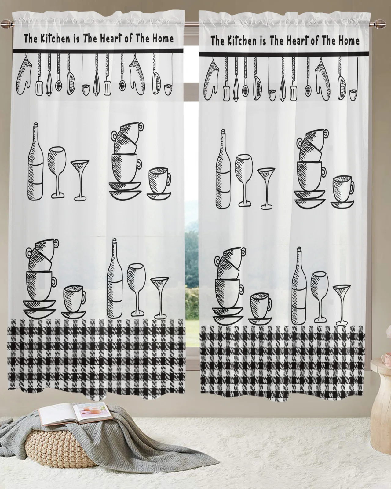 Kitchen Utensils Plaid Short Tulle Half Curtains for Living Room Kitchen Door Cafe Window Sheer Valance Drapes