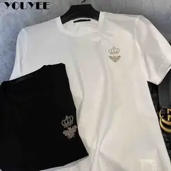 O-neck Short Sleeve Men's T-shirt Summer Bee Crown Rhinestone Design Cotton Male Tees Casual Handsome Versatile Clothes Trend