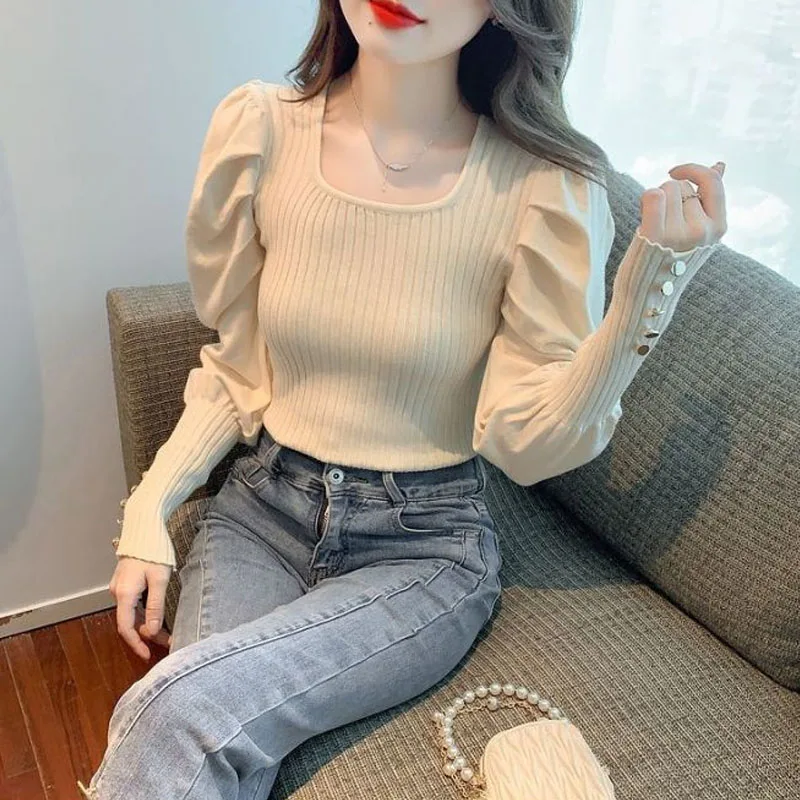 Autumn Winter New Women\'s Pullovers Commuter Square Collar Screw Thread Folds Puff Sleeve Elegant Slim Versatile Sweaters Tops