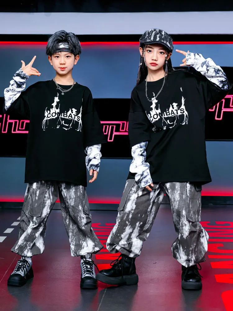 

Kid Hip Hop Clothing Black Print Sweatshirt Top Casual Street Tie Dye Cargo Jogger Pants for Girl Boy Jazz Dance Costume Clothes