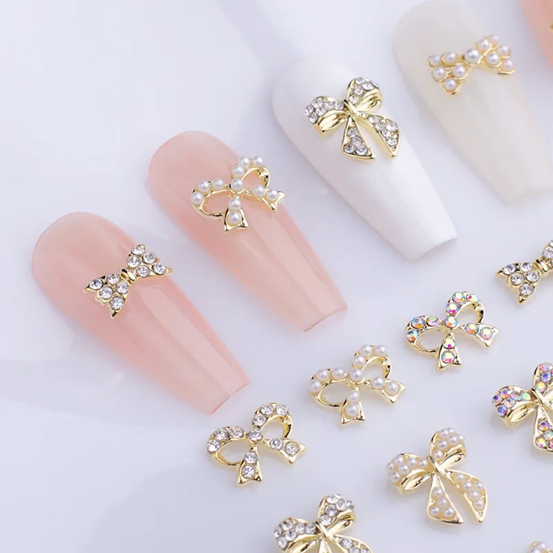 10PCS Alloy Bow Nail Charms Gold Bowknot Crystal Decoration 3D Rhinestone Nail Parts Gem Stones Supplies DIY Manicure Design#10