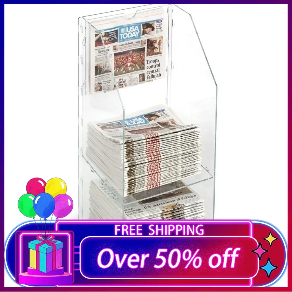 Newspaper Rack for Countertop, Accommodates 75 Standard-Sized Newspapers - Clear Acrylic,Magazine Racks,with 2 Shelves,1 Pocket