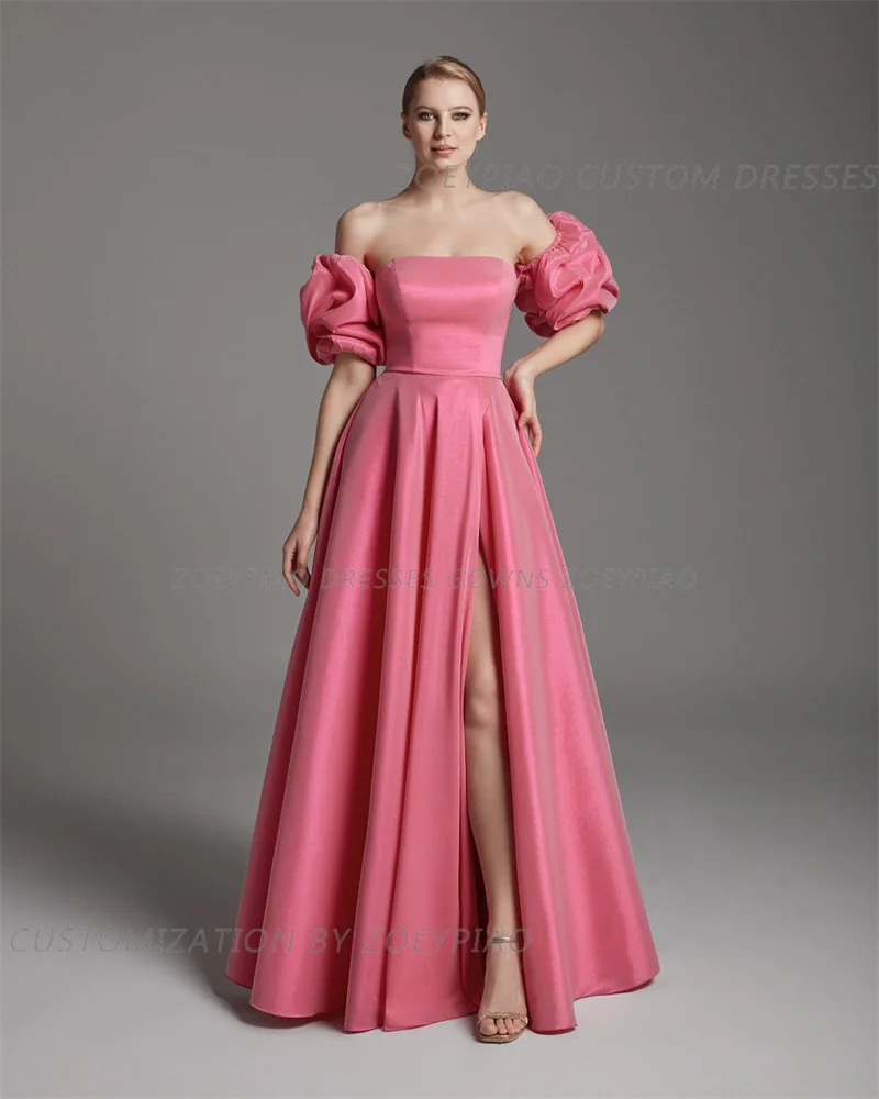 Sweet Pink Lace Up Back Prom Dresses Satin High Neck A-Line Formal Pleat Side Slit Evening Dress Women Bride Party Gowns