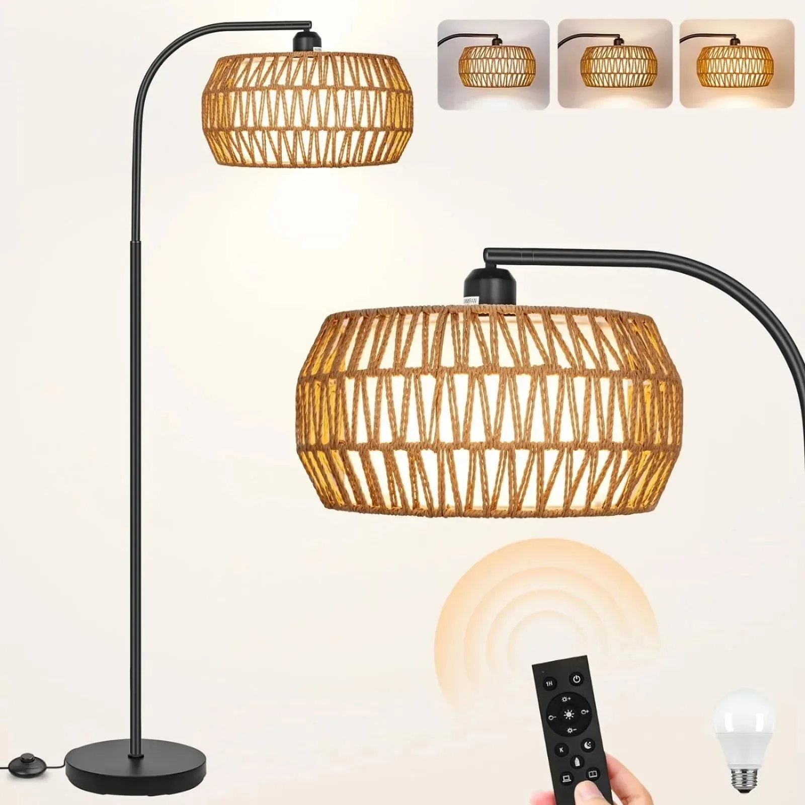 

US Floor Lamp with Remote, Rattan Standing Lamp with Rattan & Linen Shades, Boho