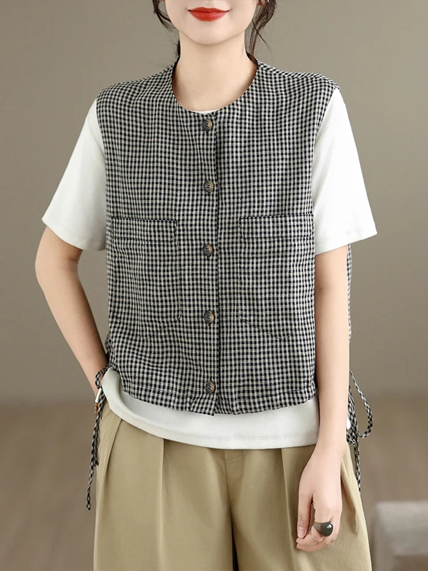 

Модный клетчатый жилет без рукавов свободного кроя, женский модный топ, весенне-летний укороченный фасон, с круглым вырезом, на одной пуговице