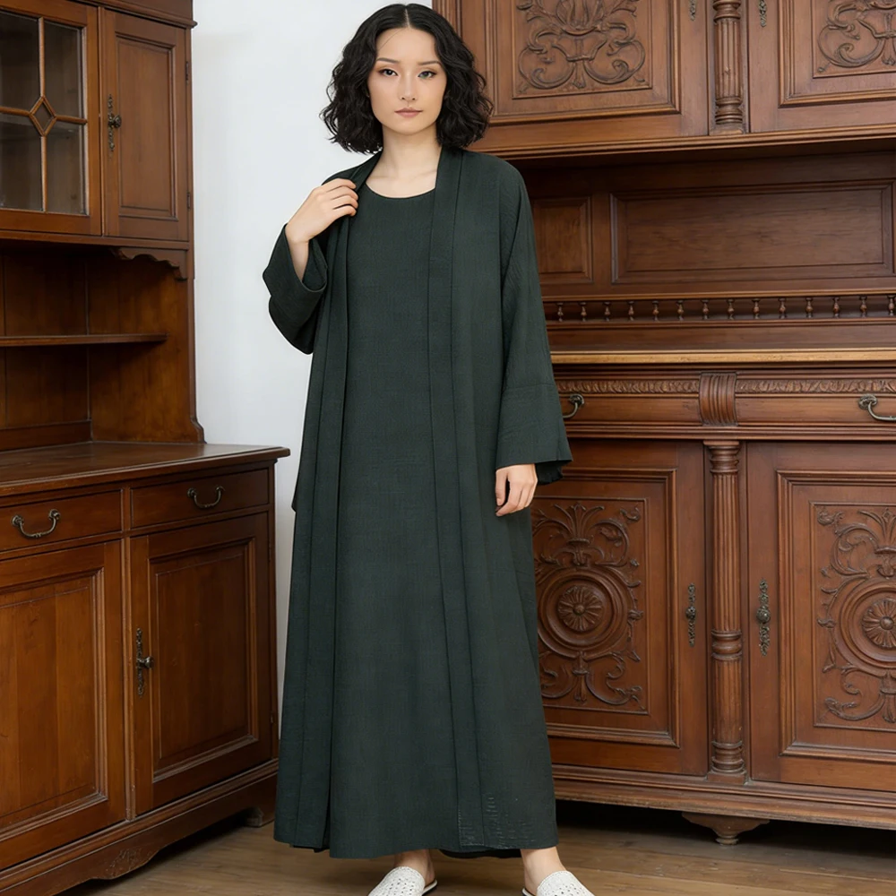 

Eid Muslim Sets for Women Matching Cardigan and Dress 2 Piece Outfits Dubai Abaya Kimono Jalabiya Robe Femme Musulmane Ensembles
