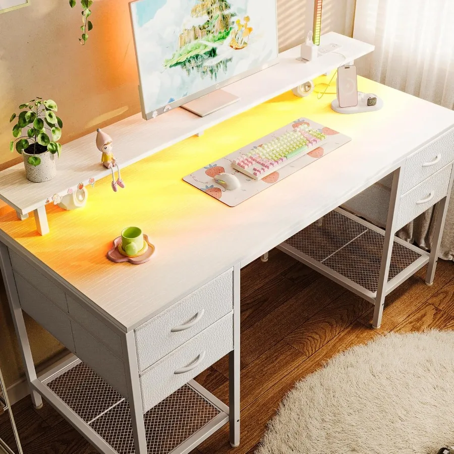 مكتب كمبيوتر 55 بوصة مع 4 أدراج ومنافذ طاقة ومنافذ طاقة ومساحة تخزين كبيرة للعمل في المكتب المنزلي من غرفة النوم المنزلية Mo #1