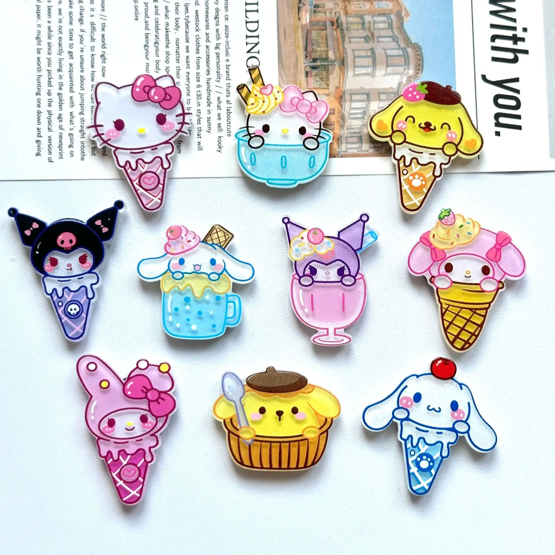 20Pcs cartoon Sanrio patches, cute egg ice cream drink DIY ornaments with fine glitter, girls' hair accessories and fittings