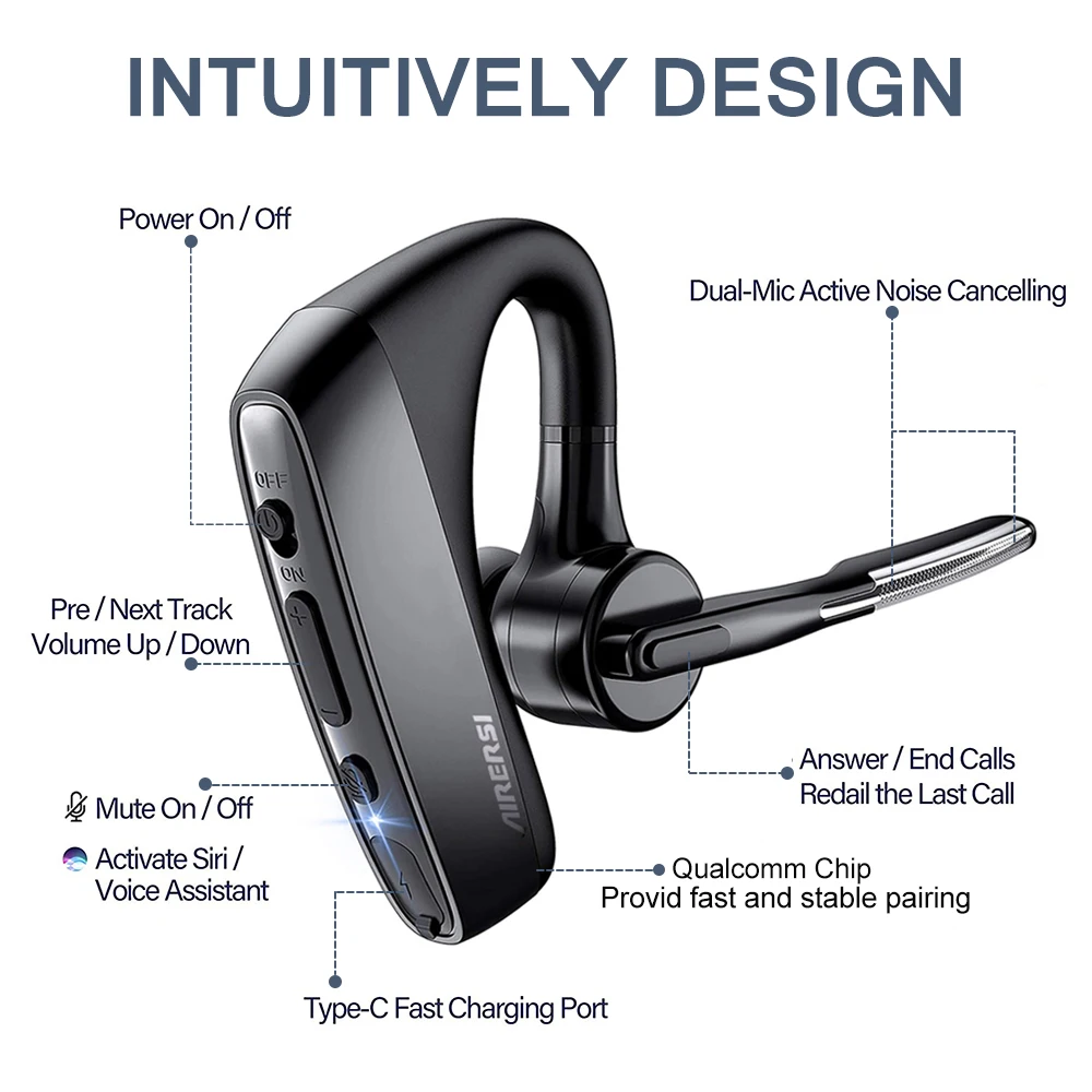 سماعات بلوتوث لاسلكية مع ميكروفون مزدوج لإلغاء الضوضاء، سماعات أذن للأعمال بدون استخدام اليدين لمكتب سائقي الشاحنات