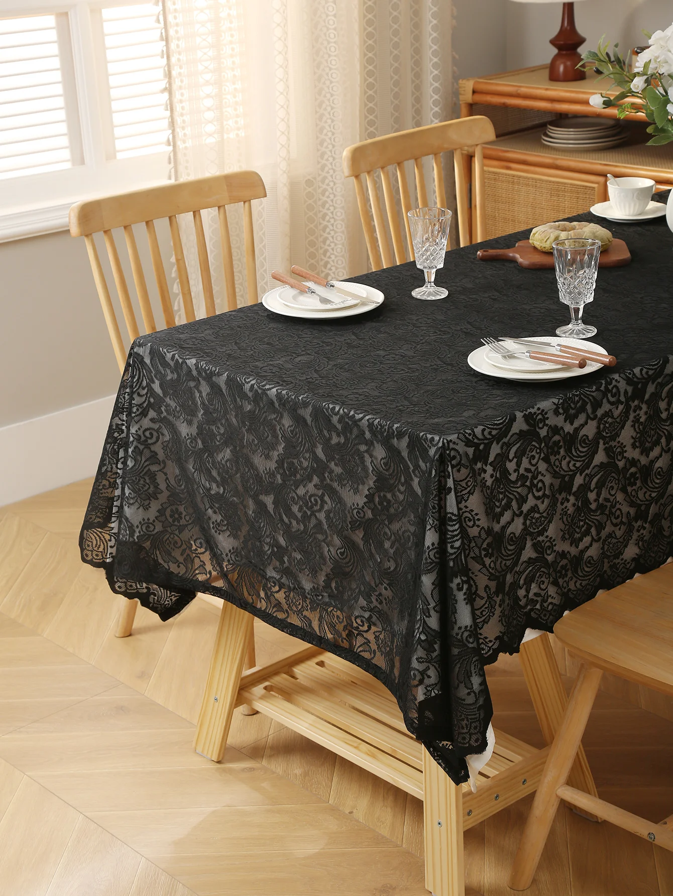 Black Lace Floral Tablecloth with Hollow out Design for Kitchen Living Room Dining Table Decoration Party Event