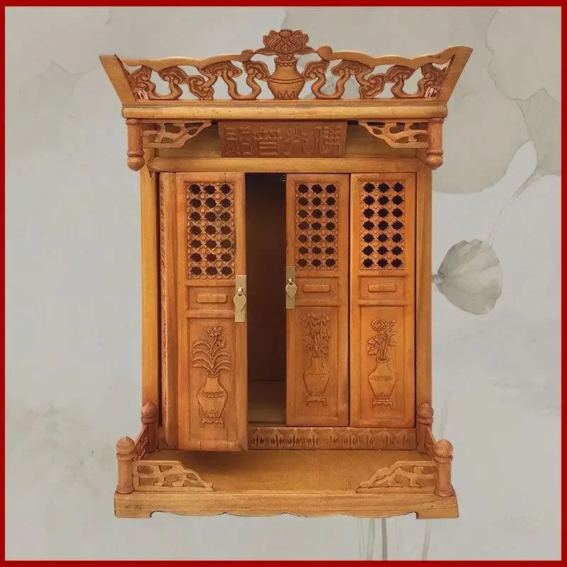 Solid wood shrine with door for table household wall-mounted shrine hanging cabinet