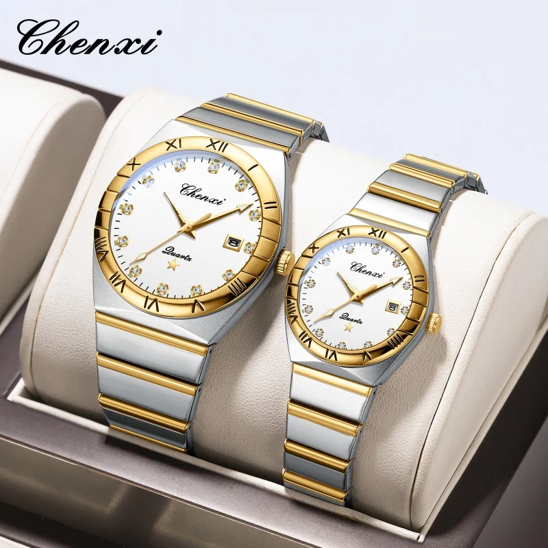CHENXI 640 أزياء زوجين ساعات كوارتز التقويم مضيئة ووتش للماء الفولاذ المقاوم للصدأ حزام أنيقة الرجال النساء ساعة اليد
