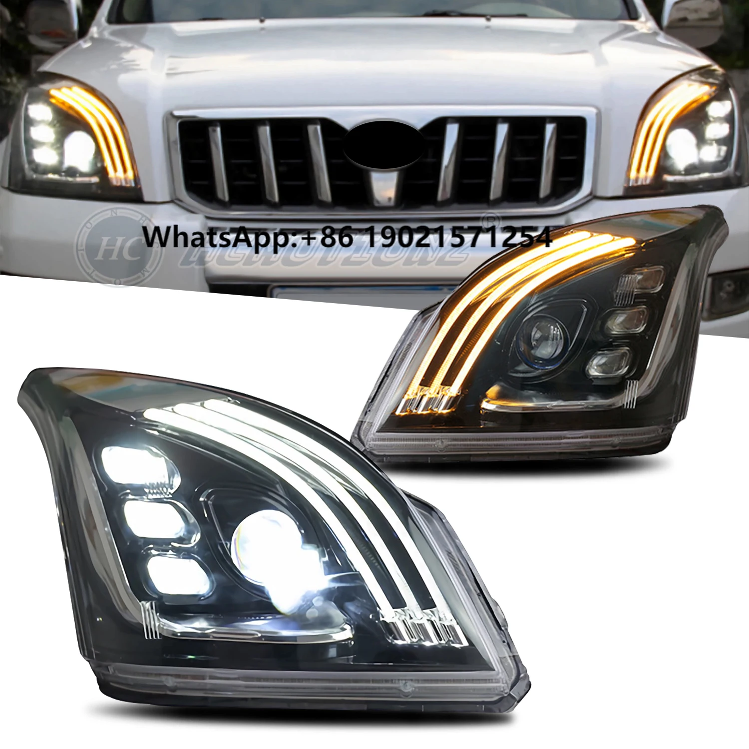 

HCMOTIONZ Car Front Lamps Assembly Fj120 3th Gen 2003-2009 Blue LightsDRL LED Head Lights for Land Cruiser Prado