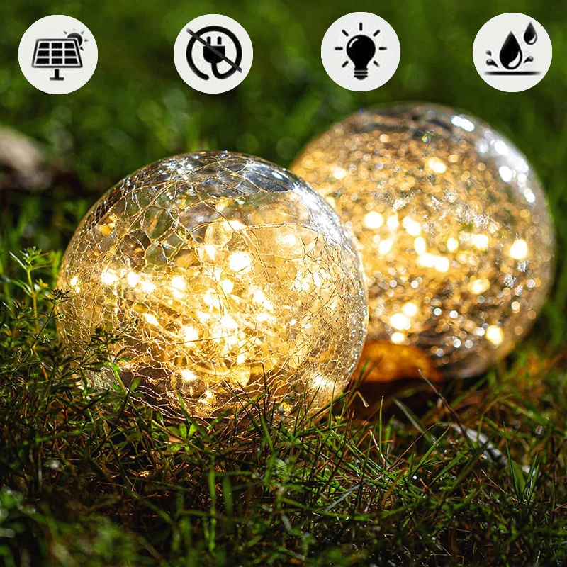 

Garden Solar Lights Cracked Glass Ball Waterproof Warm White LED for Outdoor Decor Decorations Pathway Patio Yard Lawn