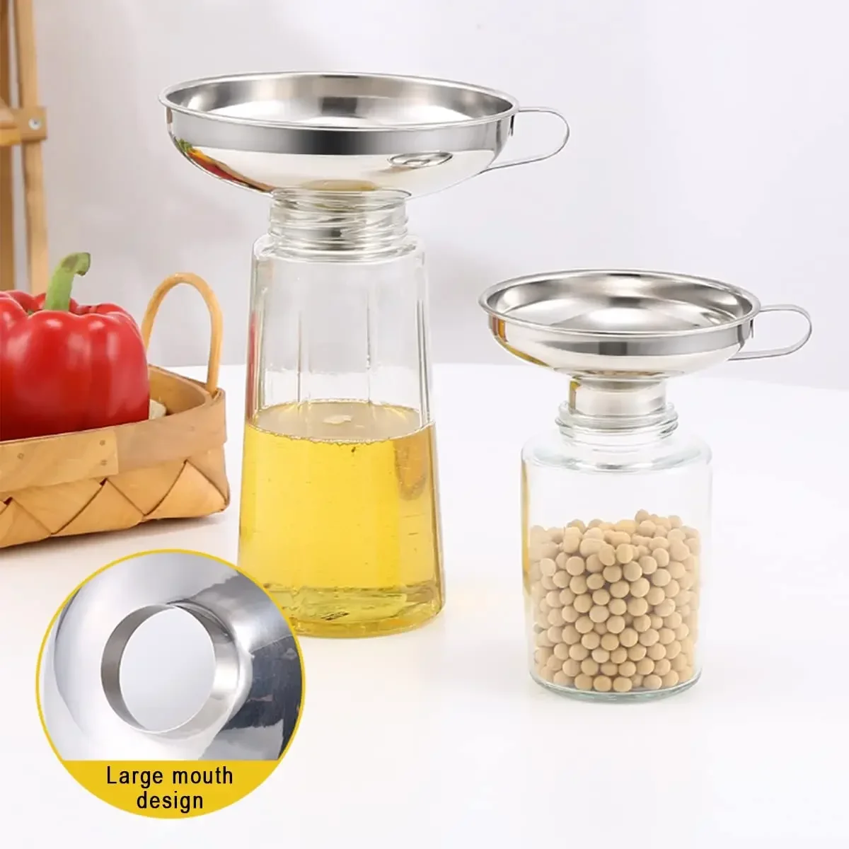 Stainless Steel Wide Mouth Canning Funnel Hopper Thick Salad Dressing Funnel Wide Mouth Can for Oil Wine Kitchen Cooking Tool