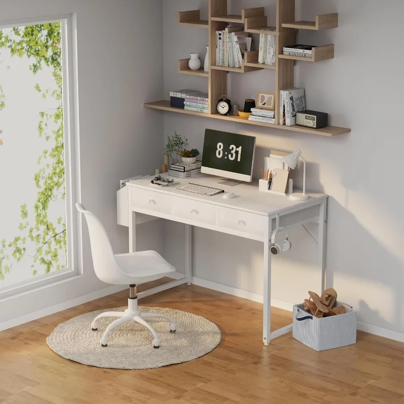 Small White Computer Desk with Fabric Drawers for Home Office Bedroom, 40 Inch Vanity Desk with Drawer Storage and Side Pouch