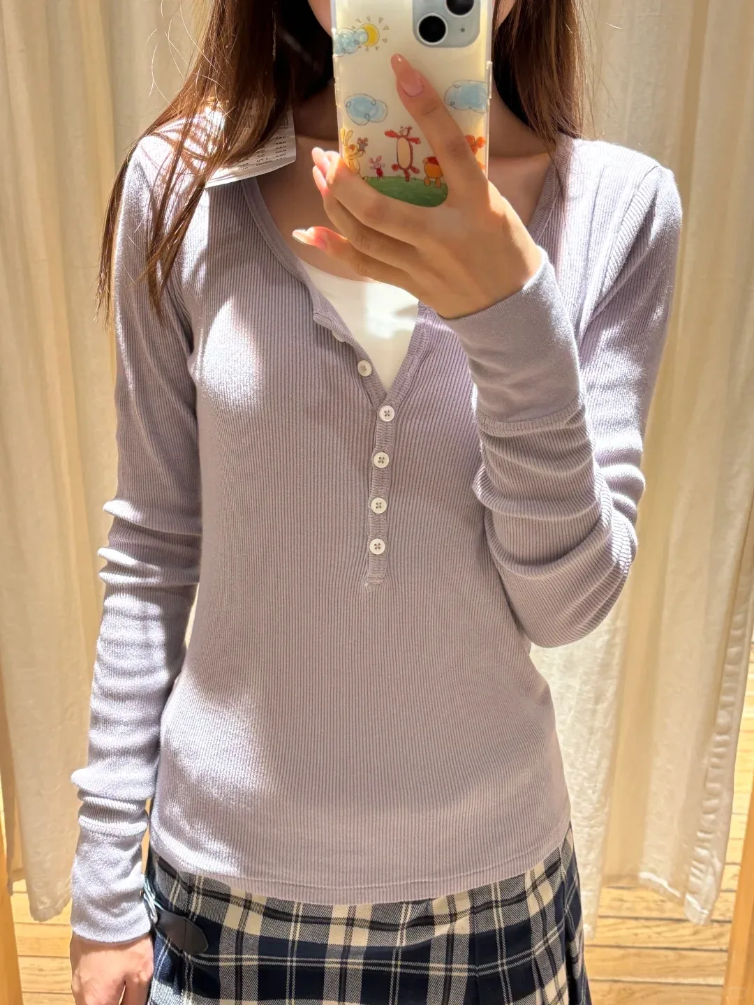 

Taro Purple Ribbed Patchwork Long Sleeve Tees Women Autumn Simple Basic Buttons O-neck Tshirt Female Sweet Cute Cotton T-shirts