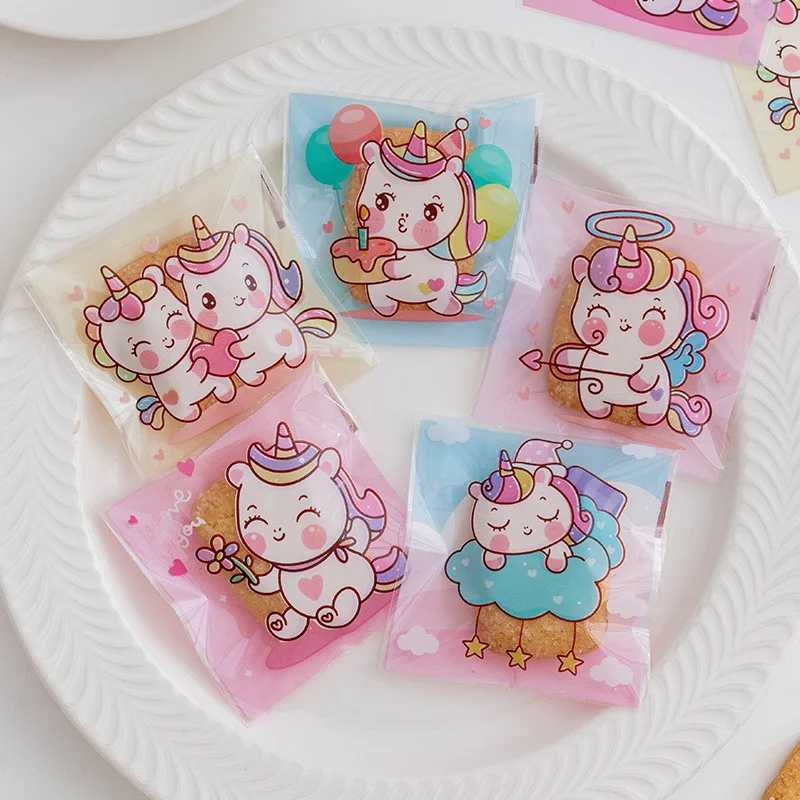 100pcs/lot Cute Unicorn Gift OPP Bags Plastic Self-adhesive Candy Cookies Biscuits Packaging Bags Baby Party Supplies