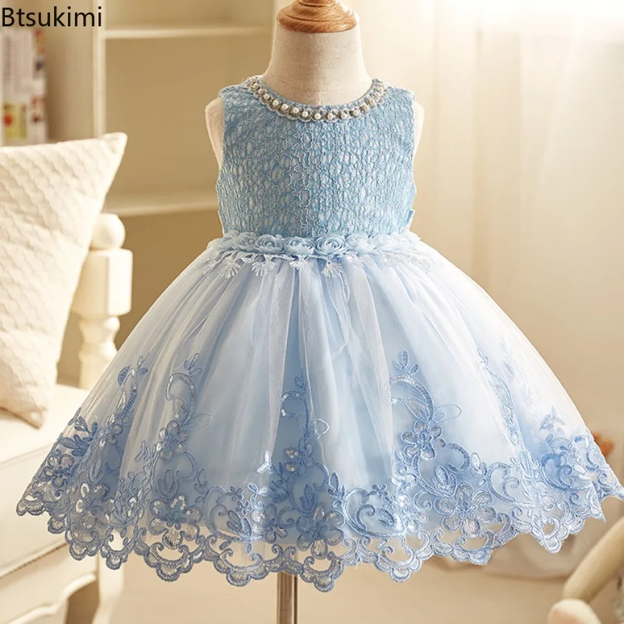 2026 New Girls' Lace Princess Dress Paired with Elegant Bow Princess Dress Solid Color 3-8-year-old Children's Evening Dress