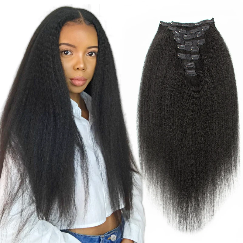 

Kinky Straight Clip in Hair Extension Human Hair Yaki Straight Remy Hair Extensions Full Head 8-24 inch Clip On Hair 1B Color