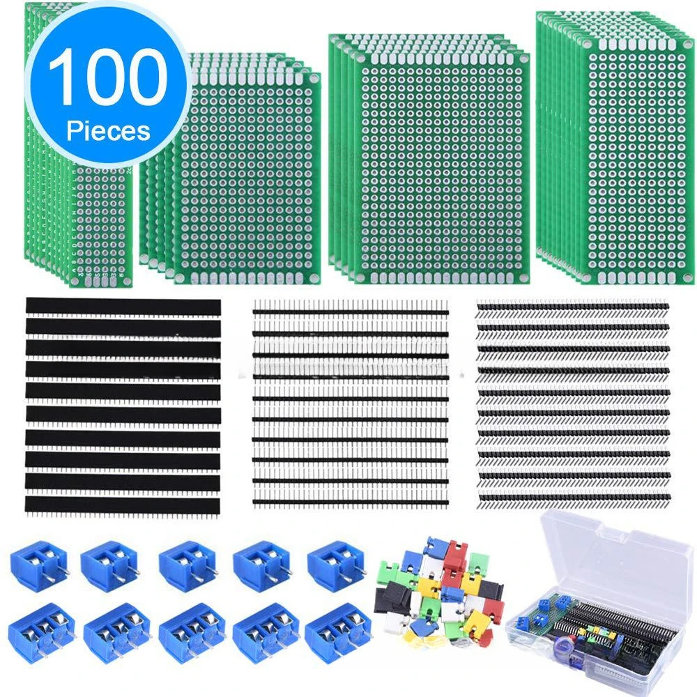 100pcs Double-sided Pcb Prototype Kit with 4 Circuit Boards, Single Row Pin Header, Single Row Female Header Terminal Pcb Kit
