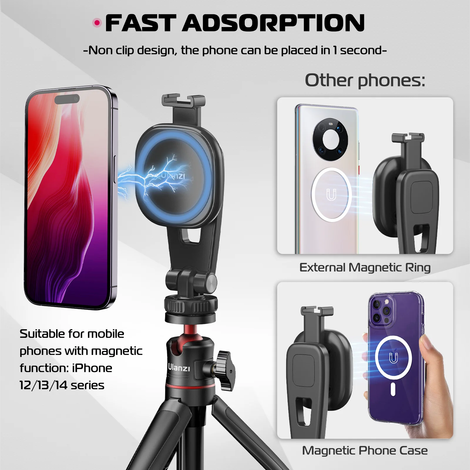 Ulanzi MA23 Magnetic Phone Tripod Mount Phone Holder for iPhone 16 15 14 Plus Pro Max Series Vlog Shooting with Cold Shoe Magnet