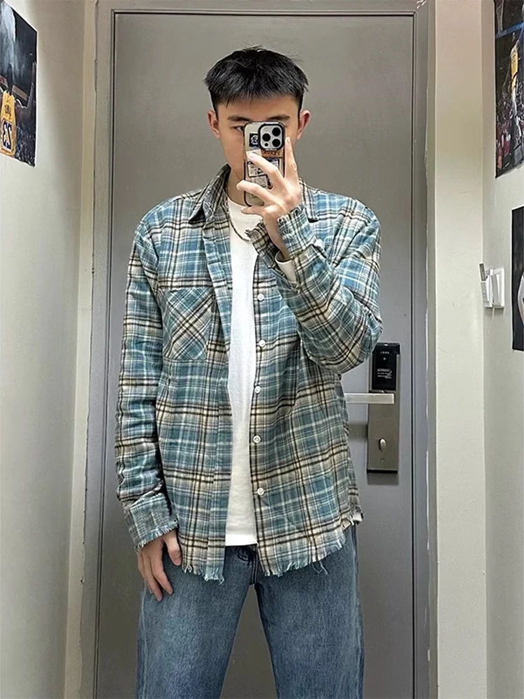 

Blue Plaid irt Men's Vintage Worn American Retro Sle Long Sve Stand Fit Spring Season Casual irt Polyester F...