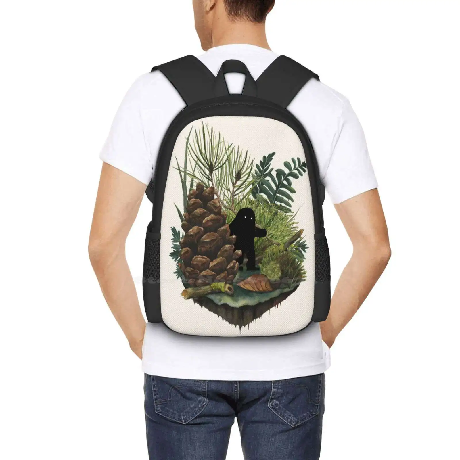 Tiny Sasquatch Bag Backpack For Men Women Girls Teenage Bigfoot Monster Pinecone Forest Woods Nature Cute Fern Moss Woodland