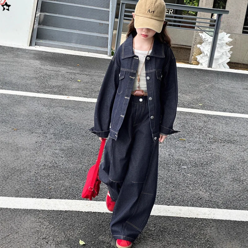 

School Girl Autumn Denim Set Turn Down Collar Single-breasted Coat+Wide-leg Pant 4-14Y Girl Suit Long Sleeve Girl 2pcs Outfit