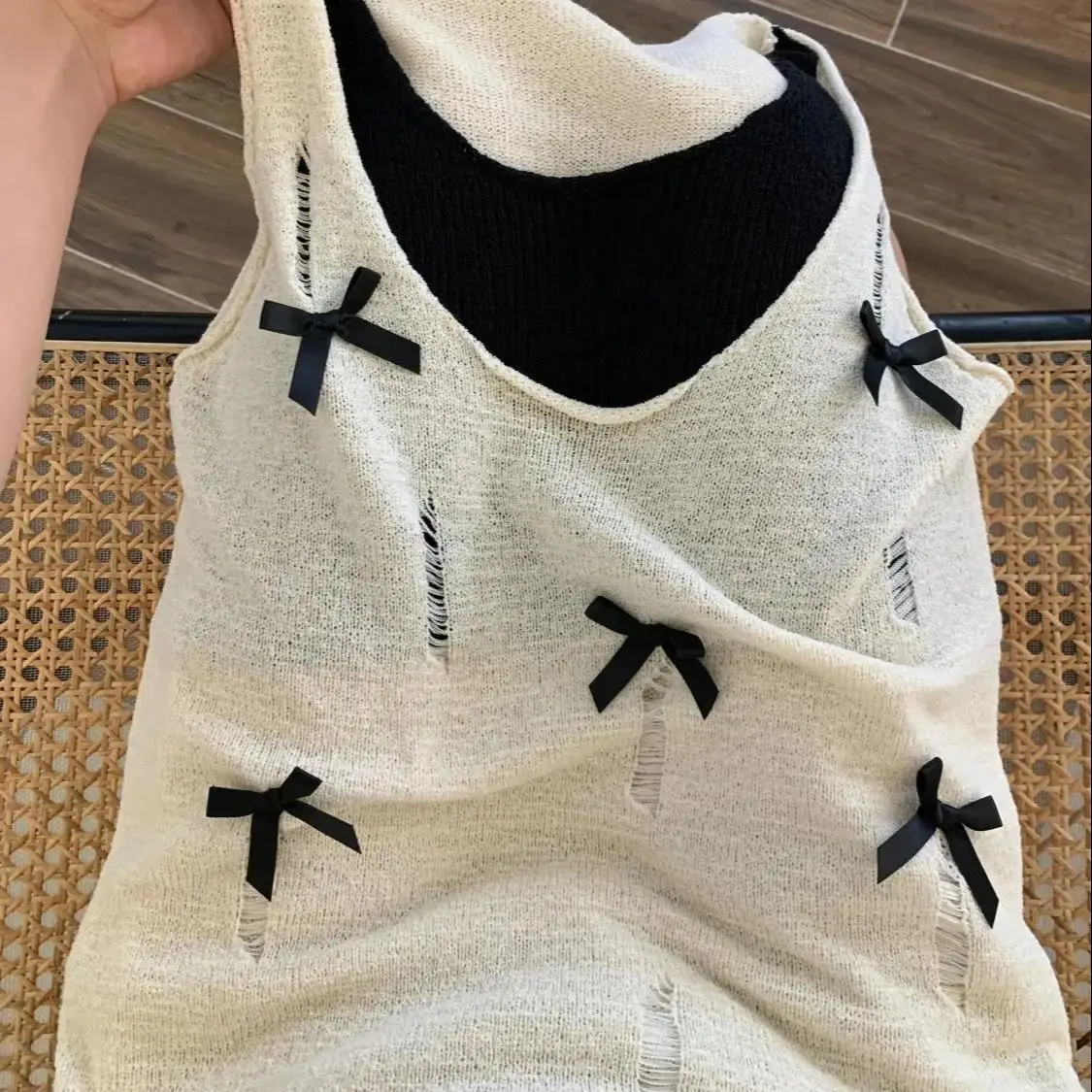 Fake Two-Piece Tank Knitting Contrast Women High Street Hollow Out Bow Patchwork Vest Fashion Casual Loose Female Tops