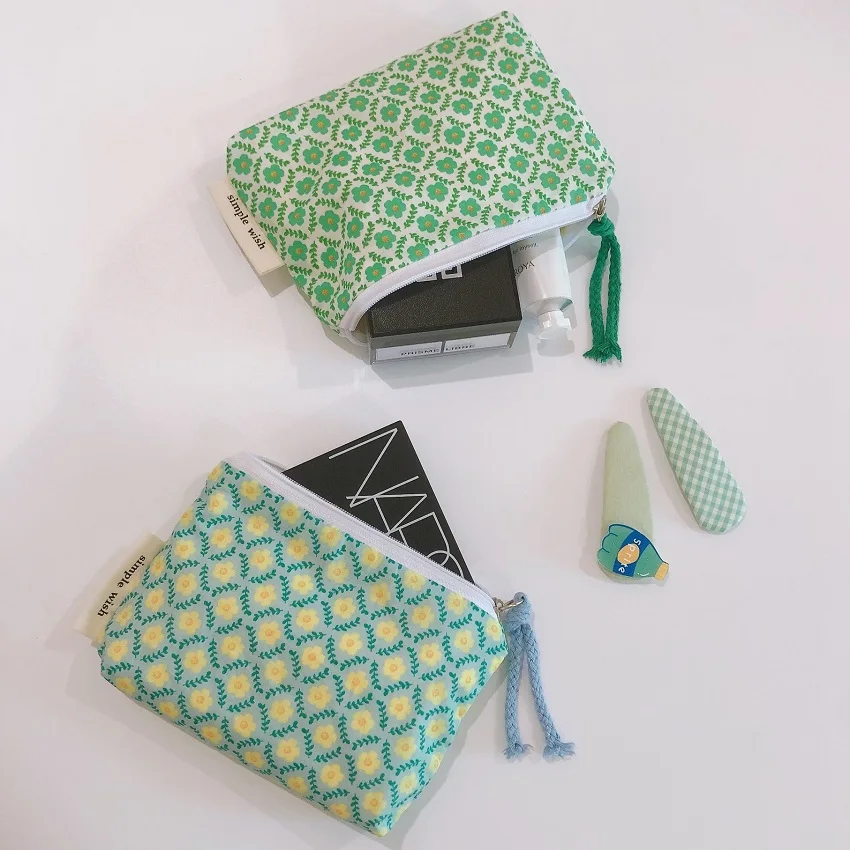 Petit sac à cosmétiques à fleurs en coton, Mini tissu pour femmes, trousse de toilette de voyage, petit sac à main coréen pour femmes, pochette pour pièces de monnaie à fermeture éclair