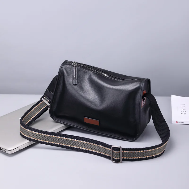 Fashion Luxury Genuine Leather Men's Black Messenger Bag Casual Designer Crossbody Bags High Quality Cowhide Teens Shoulder Bag