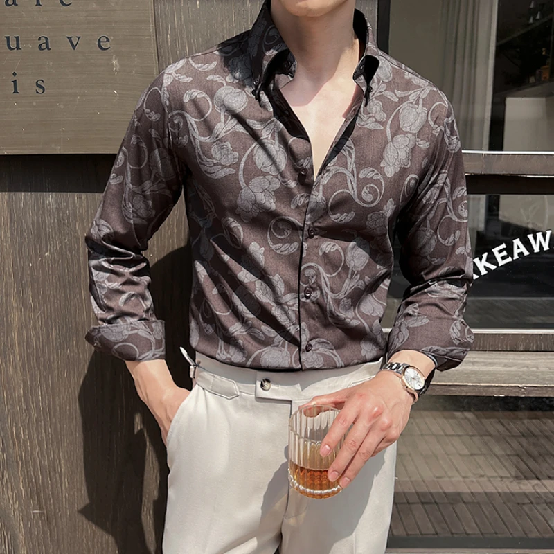 

British Style Floral Shirt Men Long Sleeved Casual Business Dress Shirt Fashion Slim Fit Social Party Tuxedo Blouse Men Clothing