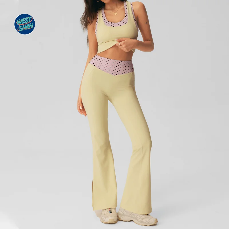 WESTSHAN EU US Size Polka Dot Pilates Workout Set Color-Blocked Tank Top And Slightly Flared Yoga Pants Sets