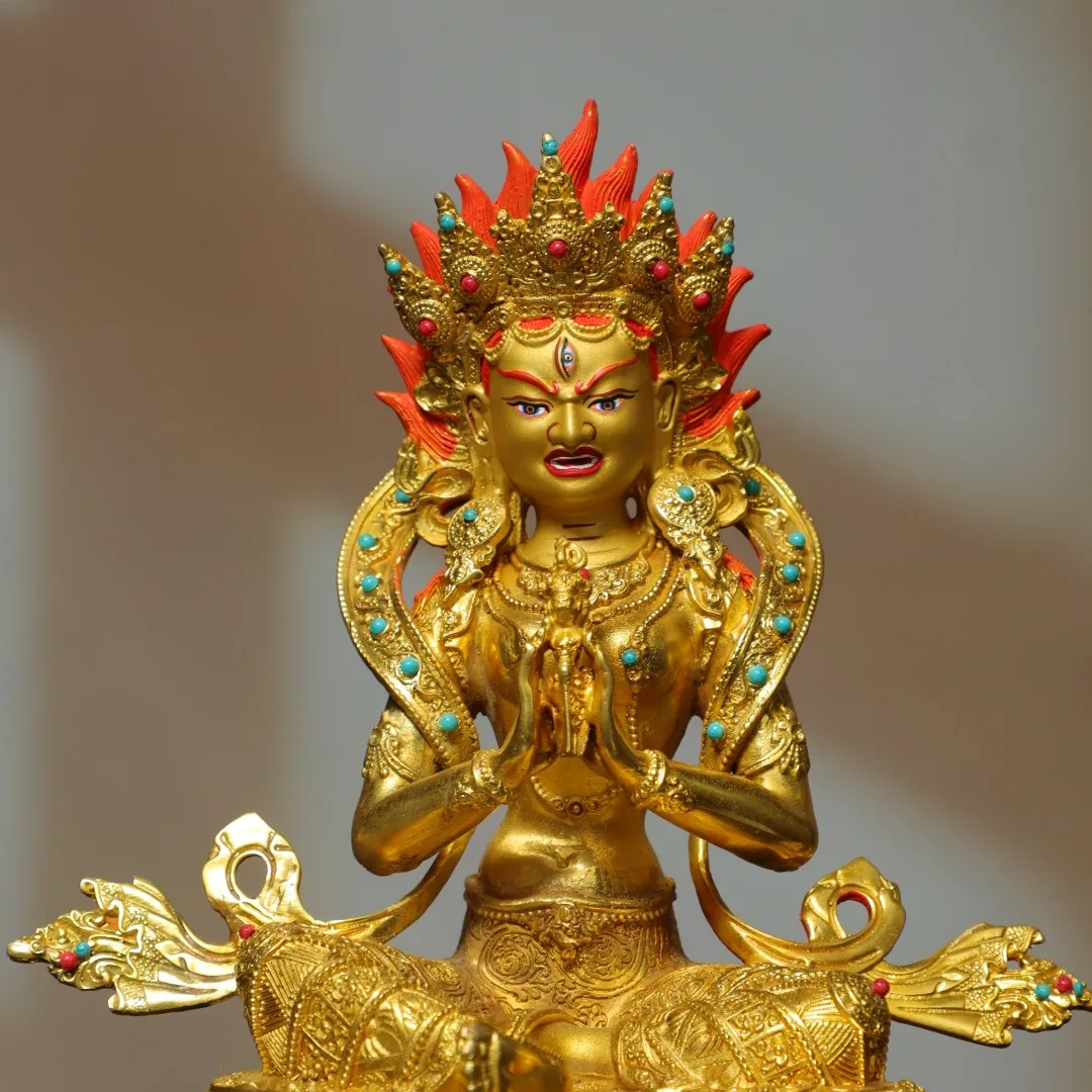 Old Bronze Gilded Painted Face Mosaic Gem  Puma Vajrayana Buddha Vajradhara Sitting Buddha Lotus Platform Town house