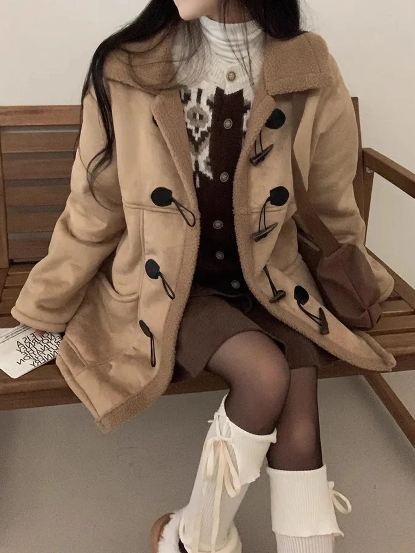 Thiened Lamb Fur Coat Women's Retro Buttoned Casual Long Sve Warm Outerwear Spring Autumn Winter Seasonal Faion Sle