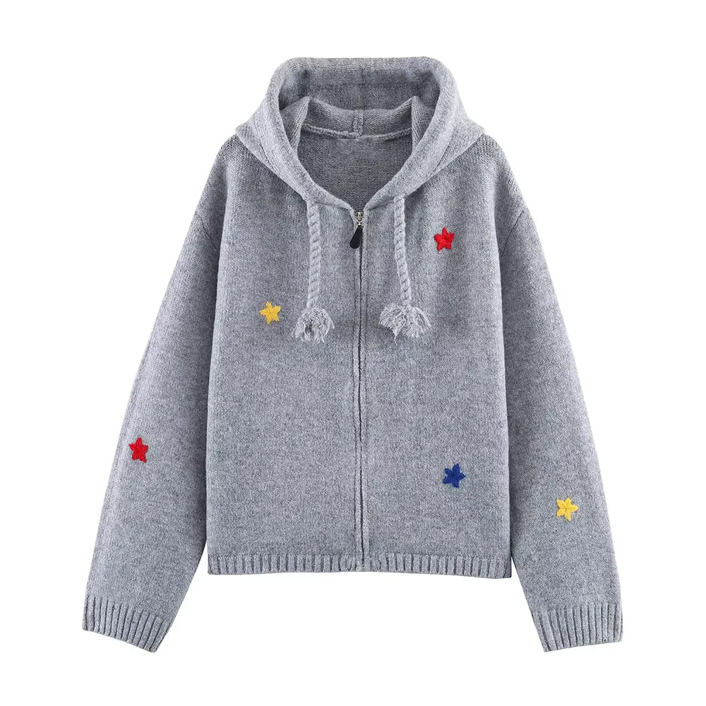 

WOMAN 2026 Summer New Fashion Hoodie Drawstring Star Jacquard Knitted Jacket Retro Versatile Unique Women's cardigan Top Mujer