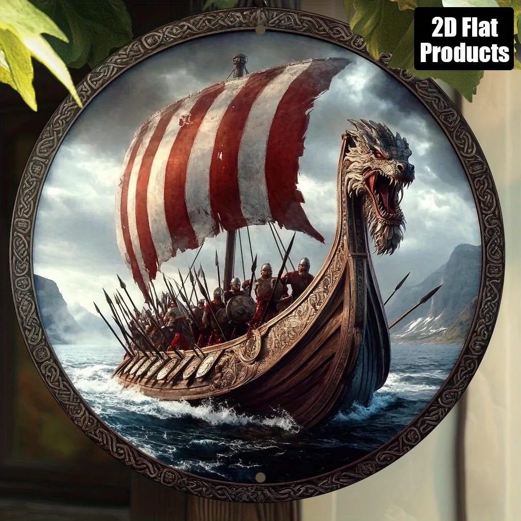 Plano 2D - Barco vikingo con cabeza de dragón Arte de pared de aluminio 2D - Letrero decorativo redondo de 20,32x20,32 cm, vintage de alta definición