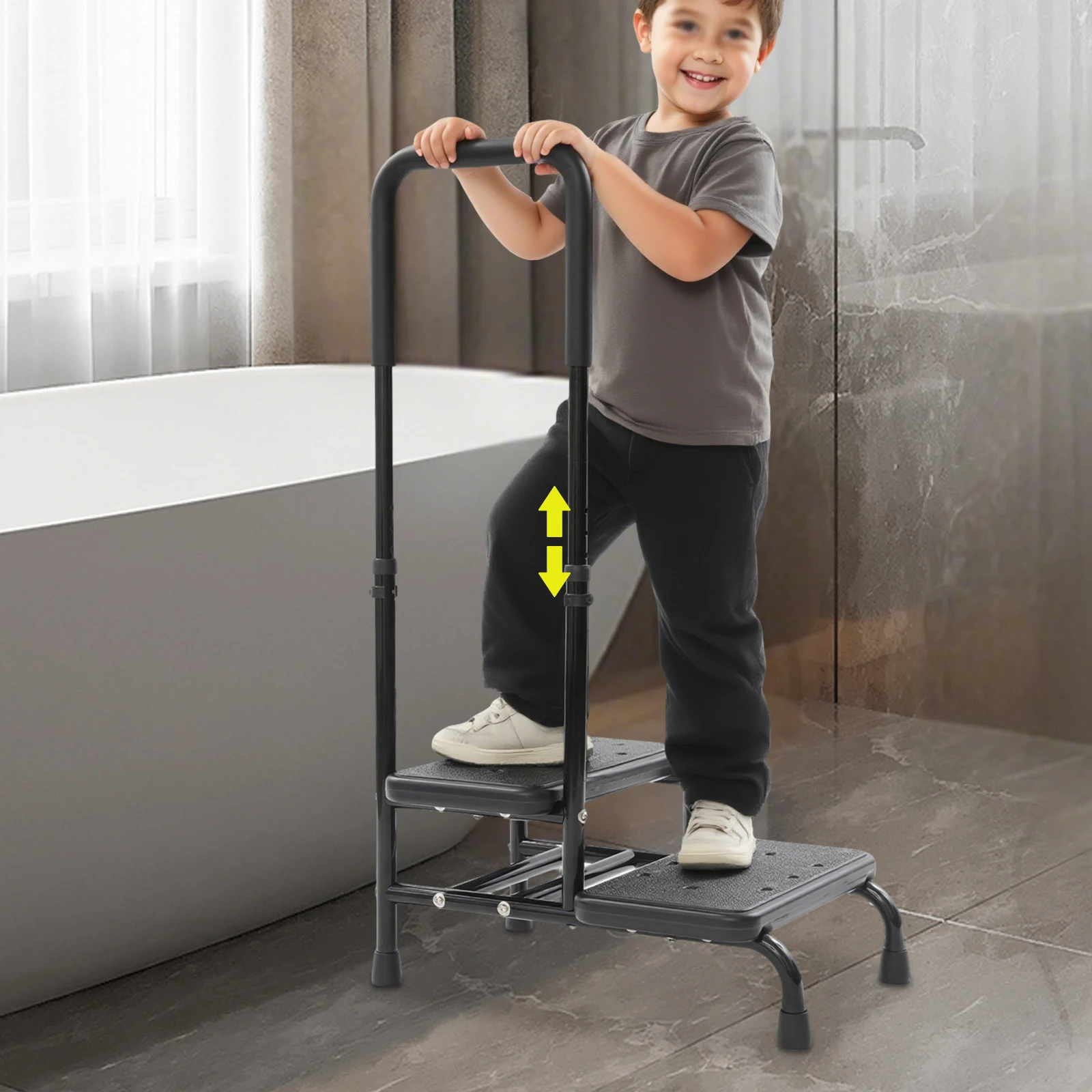 2-Stufen-Hocker, Trittbad-Eingangshilfe mit verstellbarer Handlaufhöhe für Senioren, Badestufe für Nachttisch, Autobadewanne, 55 x 35 cm