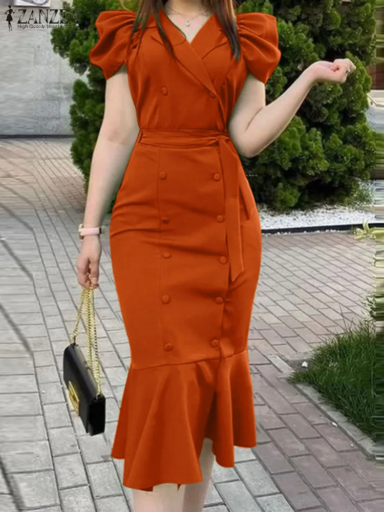 ZANZEA Elegant Slim Suit Dress Summer OL Mermaid Dress Women Fashion Chic Puff Sleeve Belted Midi Vestidos Notched Collar Robes